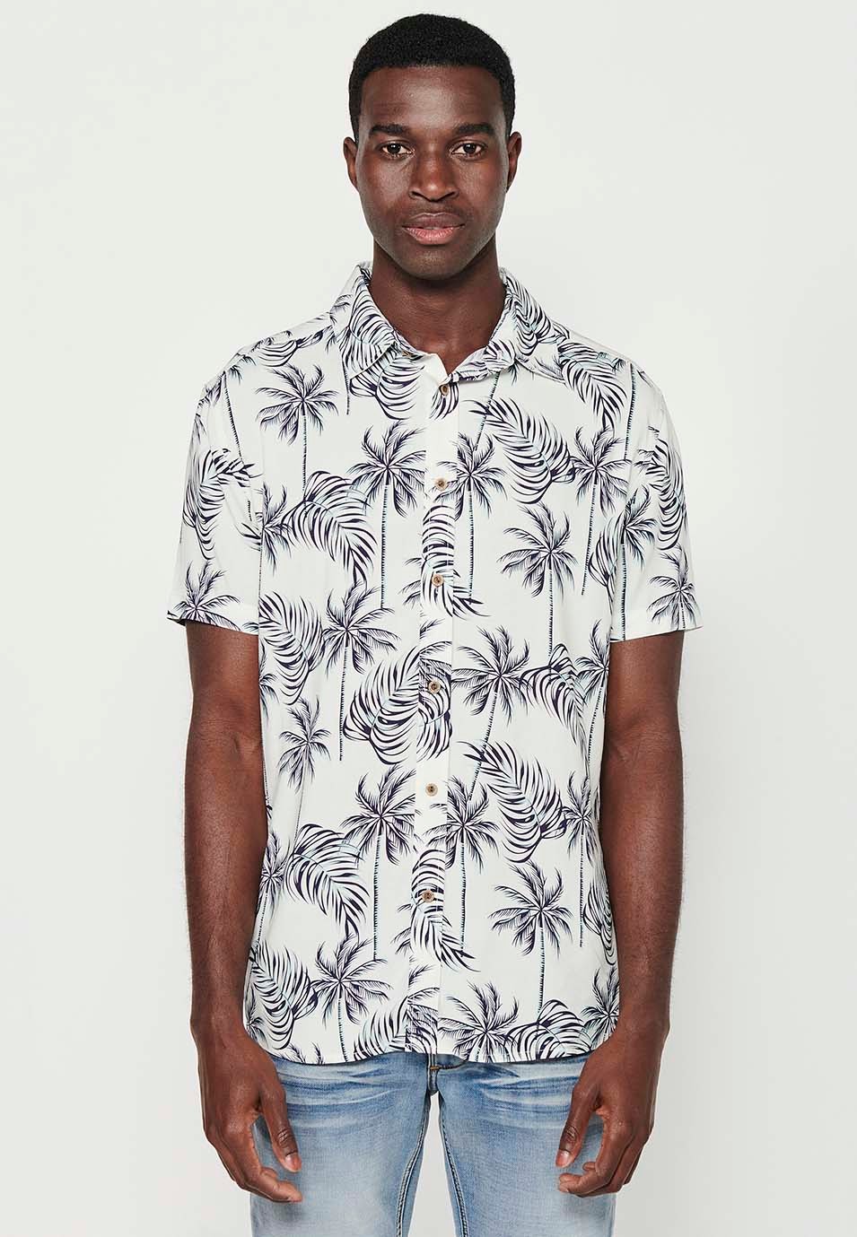 Short Sleeve Shirt with Button Front Closure and White Tropical Print for Men 2