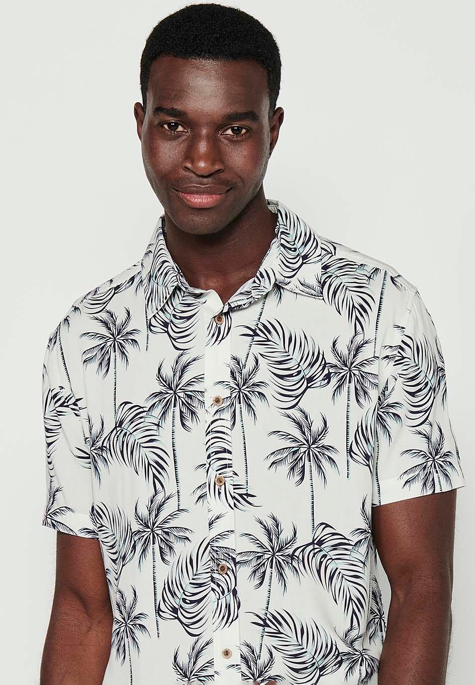 Short Sleeve Shirt with Button Front Closure and White Tropical Print for Men 5