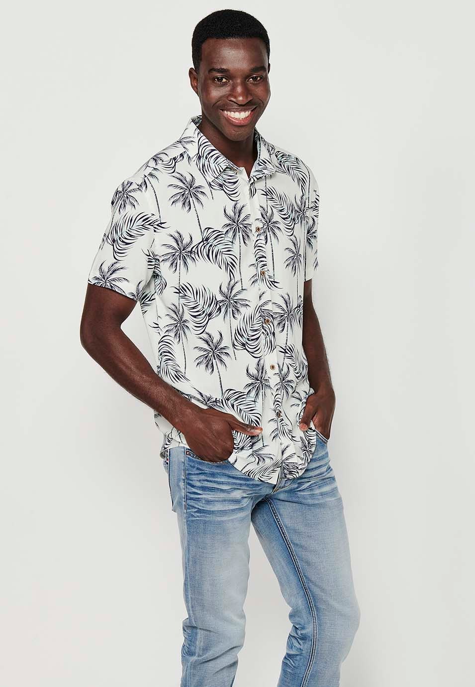 Short Sleeve Shirt with Button Front Closure and White Tropical Print for Men 1