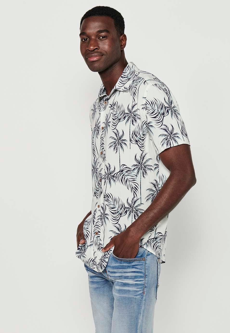 Short Sleeve Shirt with Button Front Closure and White Tropical Print for Men 3