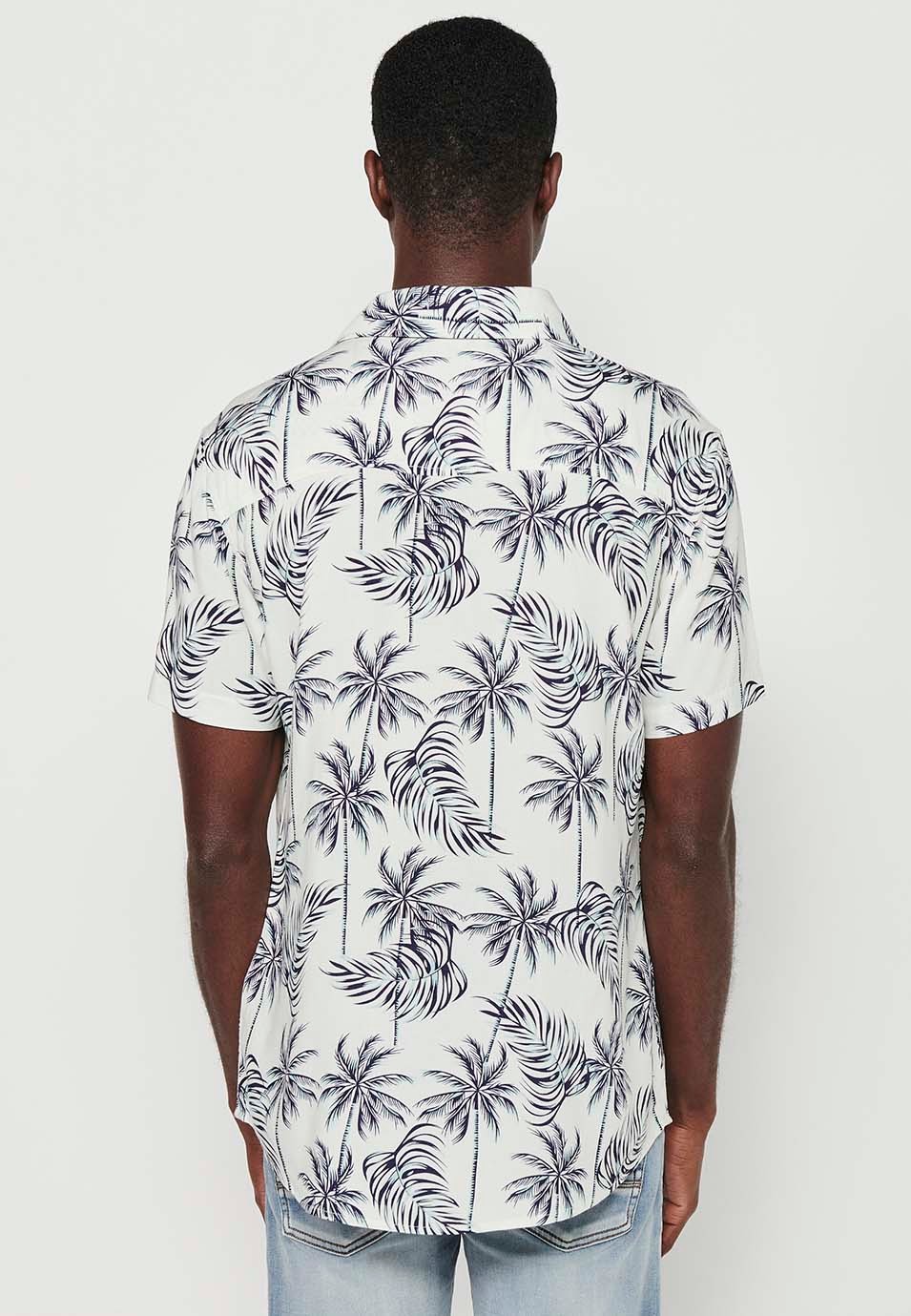 Short Sleeve Shirt with Button Front Closure and White Tropical Print for Men 6