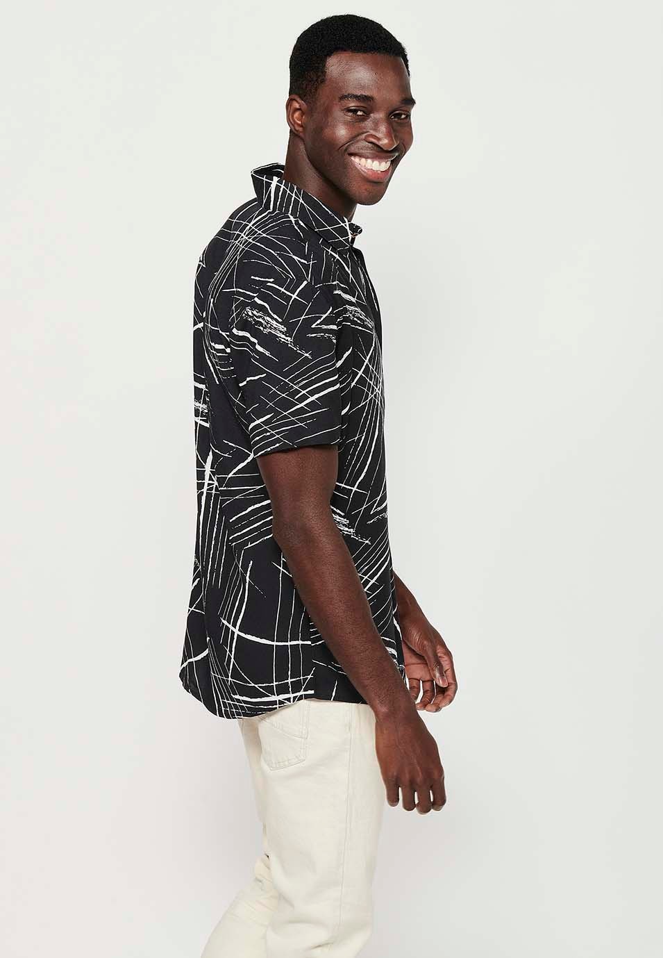 Short Sleeve Shirt with Button Front Closure and Black Tropical Print for Men 4