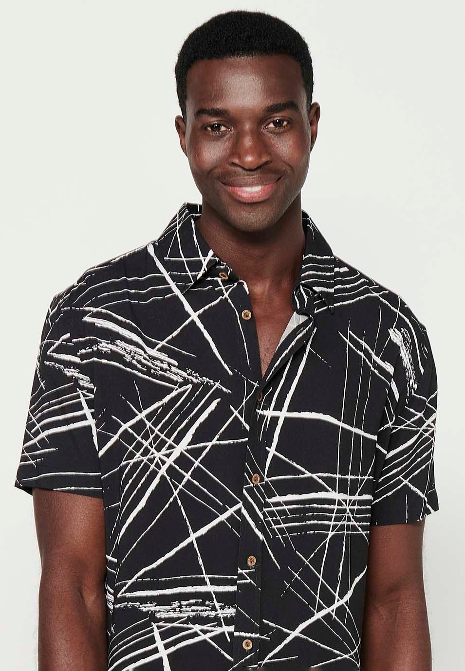 Camisa de manga corta con Cierre delantero con botones y Estampado tropical de Color negro para Hombre 2