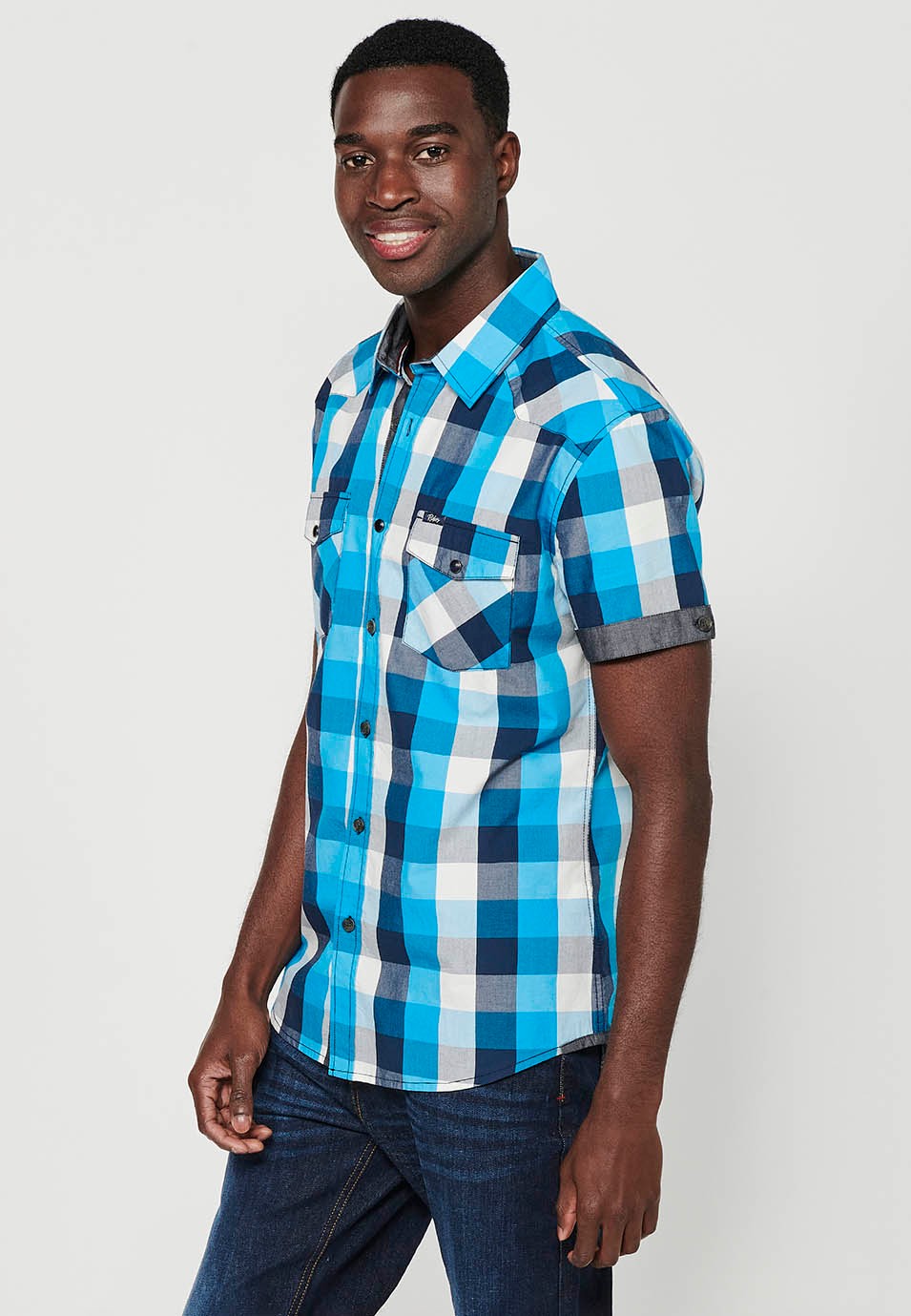 Blue and white checkered cotton short sleeve shirt for men 1