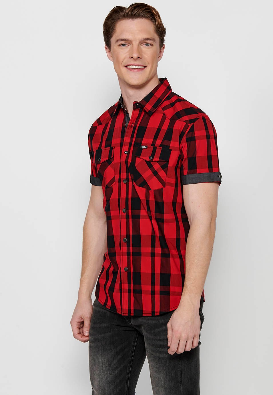 Short sleeve checked shirt, red and black color for men