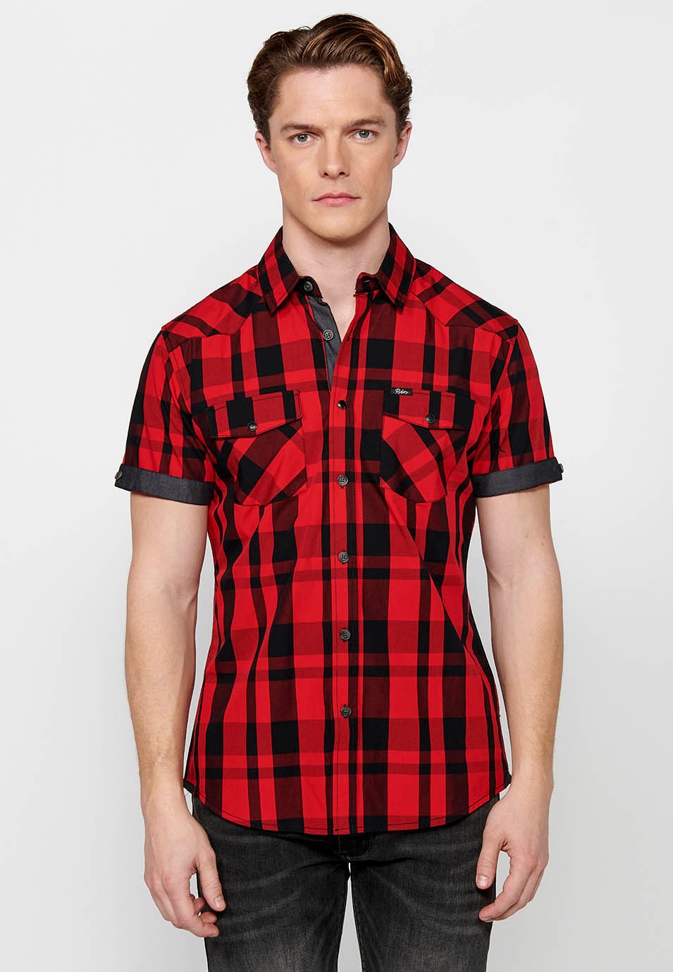Chemise à carreaux manches courtes, couleur rouge et noir pour homme