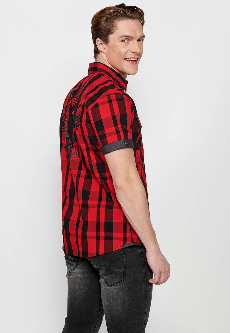 Camisa màniga curta de quadres, color vermell i negre per a homes