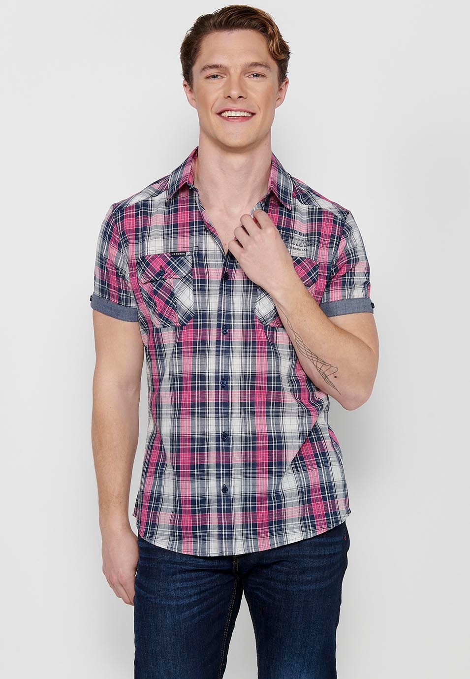Short Sleeve Cotton Shirt with Turn-Up Finish and Button Front Closure with Front Flap Pockets and Pink Plaid Print for Men