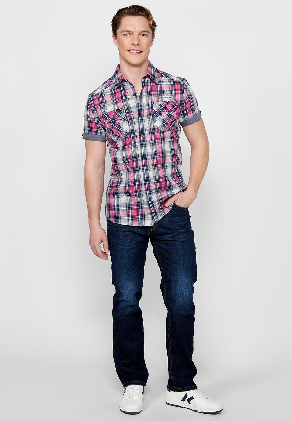 Short Sleeve Cotton Shirt with Turn-Up Finish and Button Front Closure with Front Flap Pockets and Pink Plaid Print for Men 1