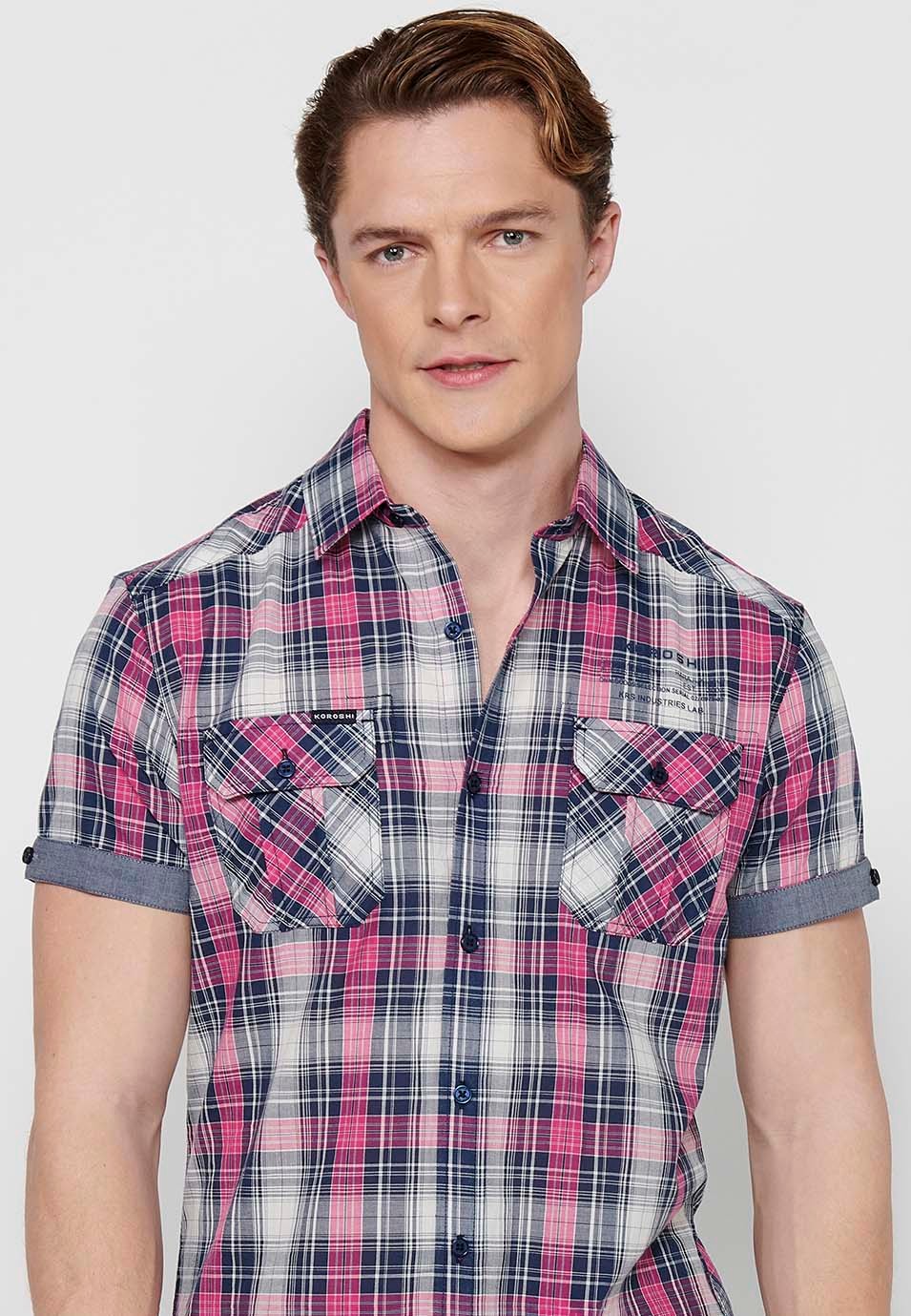 Short Sleeve Cotton Shirt with Turn-Up Finish and Button Front Closure with Front Flap Pockets and Pink Plaid Print for Men 4