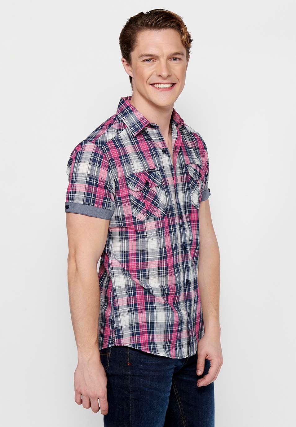 Short Sleeve Cotton Shirt with Turn-Up Finish and Button Front Closure with Front Flap Pockets and Pink Plaid Print for Men 5