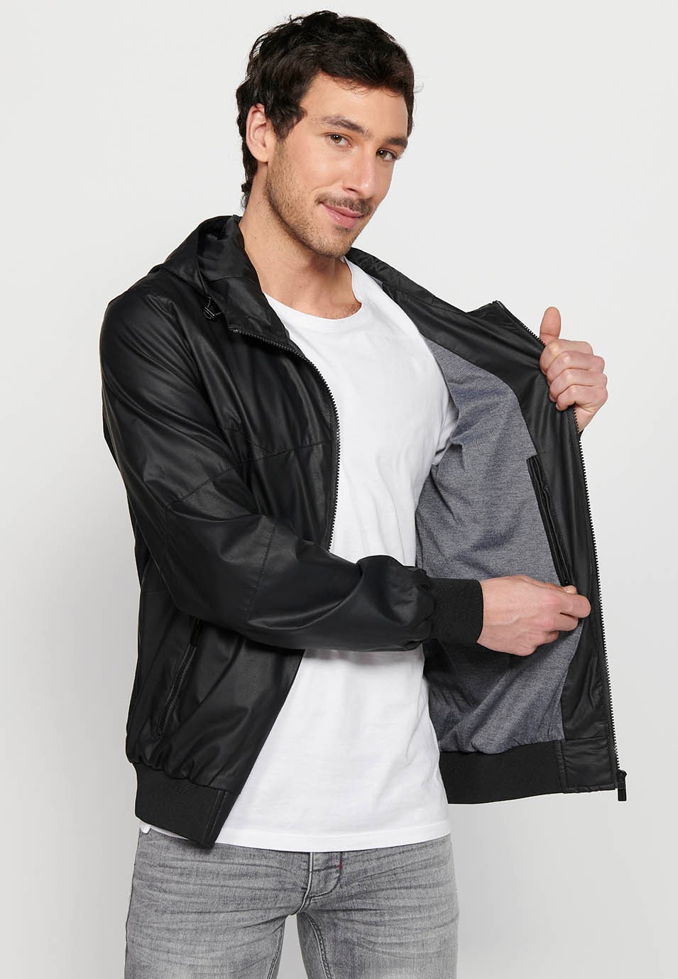 Leather-effect jacket with front zipper closure and hooded collar in black for Men 9