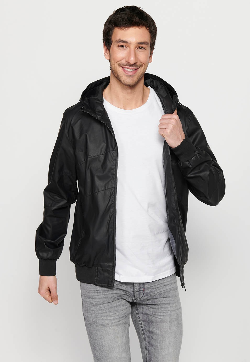 Leather-effect jacket with front zipper closure and hooded collar in black for Men 6