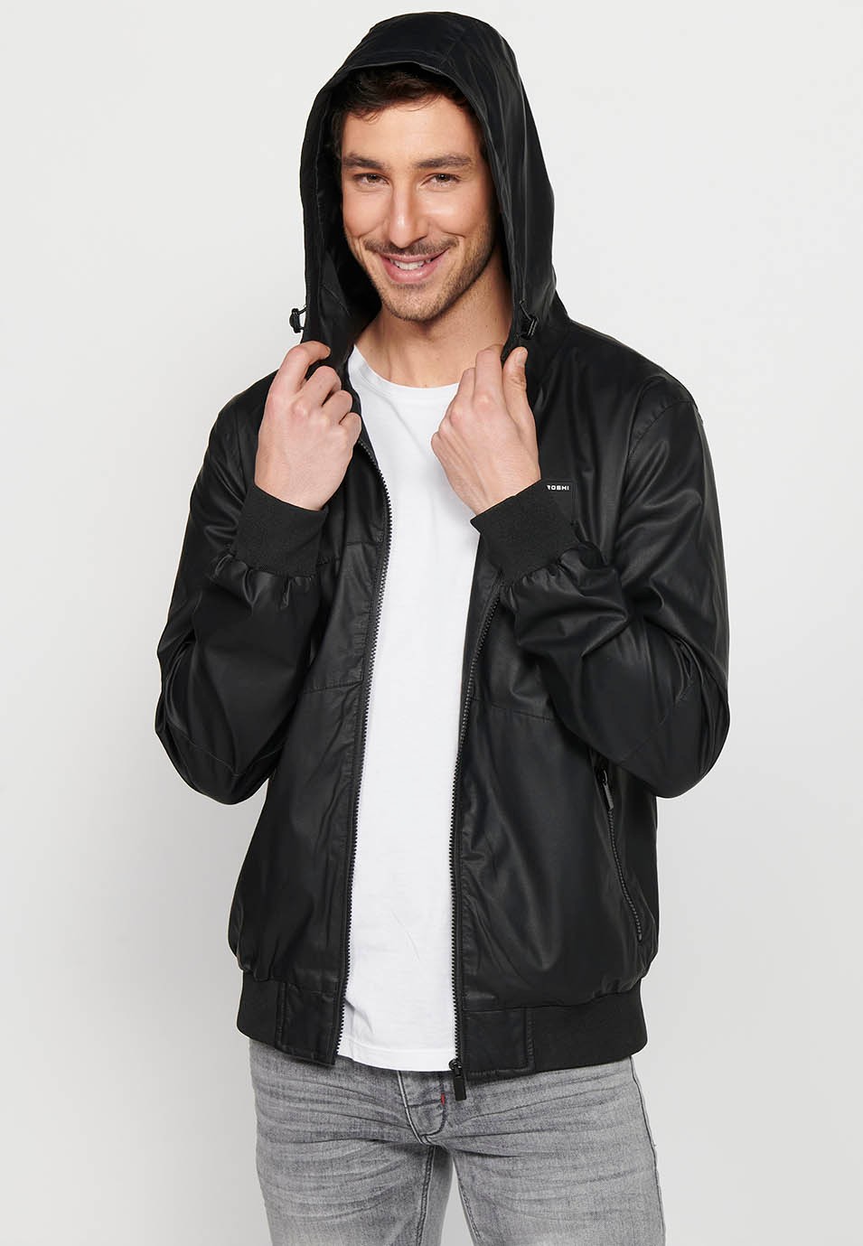 Leather-effect jacket with front zipper closure and hooded collar in black for Men 11