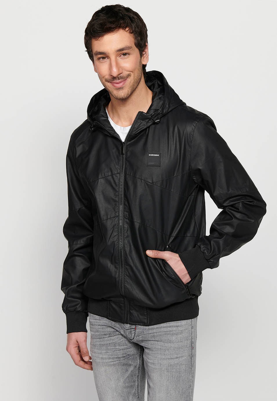 Leather-effect jacket with front zipper closure and hooded collar in black for Men