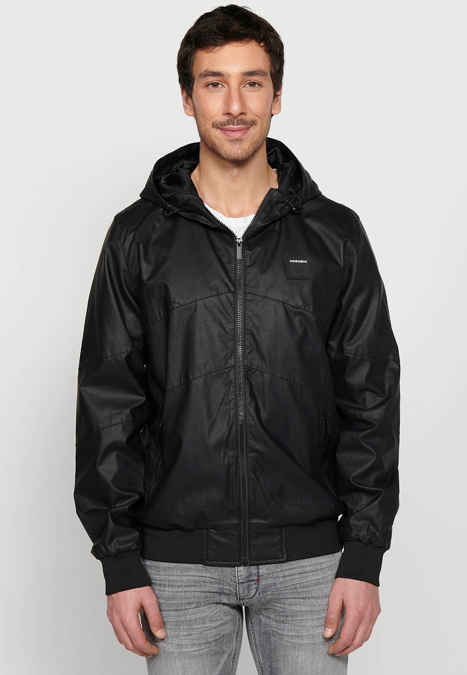 Leather-effect jacket with front zipper closure and hooded collar in black for Men 2