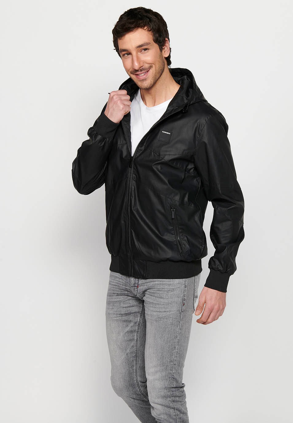 Leather-effect jacket with front zipper closure and hooded collar in black for Men 1