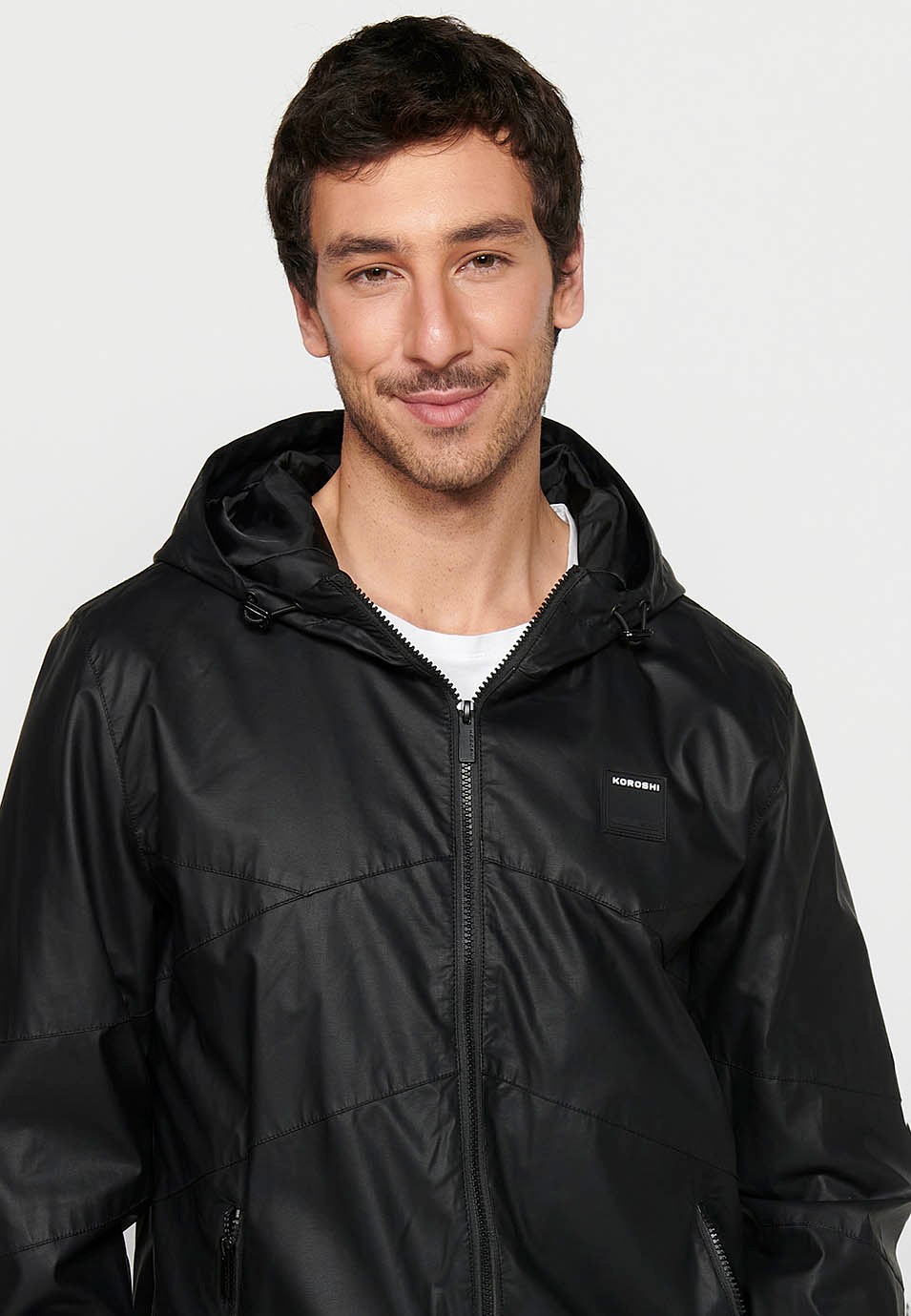 Leather-effect jacket with front zipper closure and hooded collar in black for Men 3