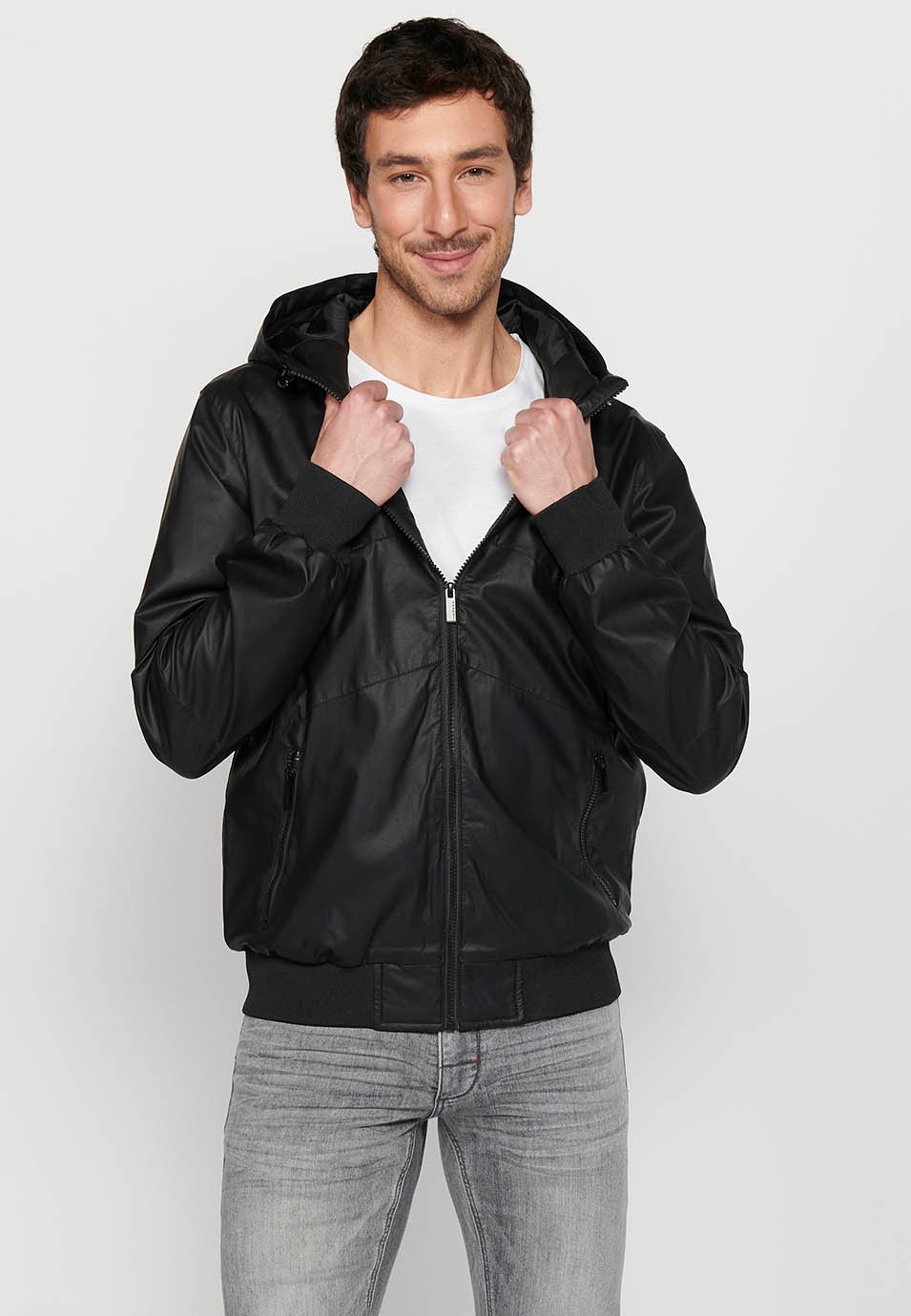 Leather-effect jacket with front zipper closure and hooded collar in black for Men 7