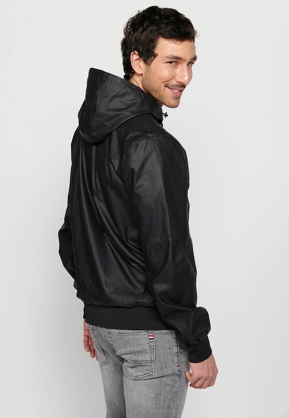 Leather-effect jacket with front zipper closure and hooded collar in black for Men 8