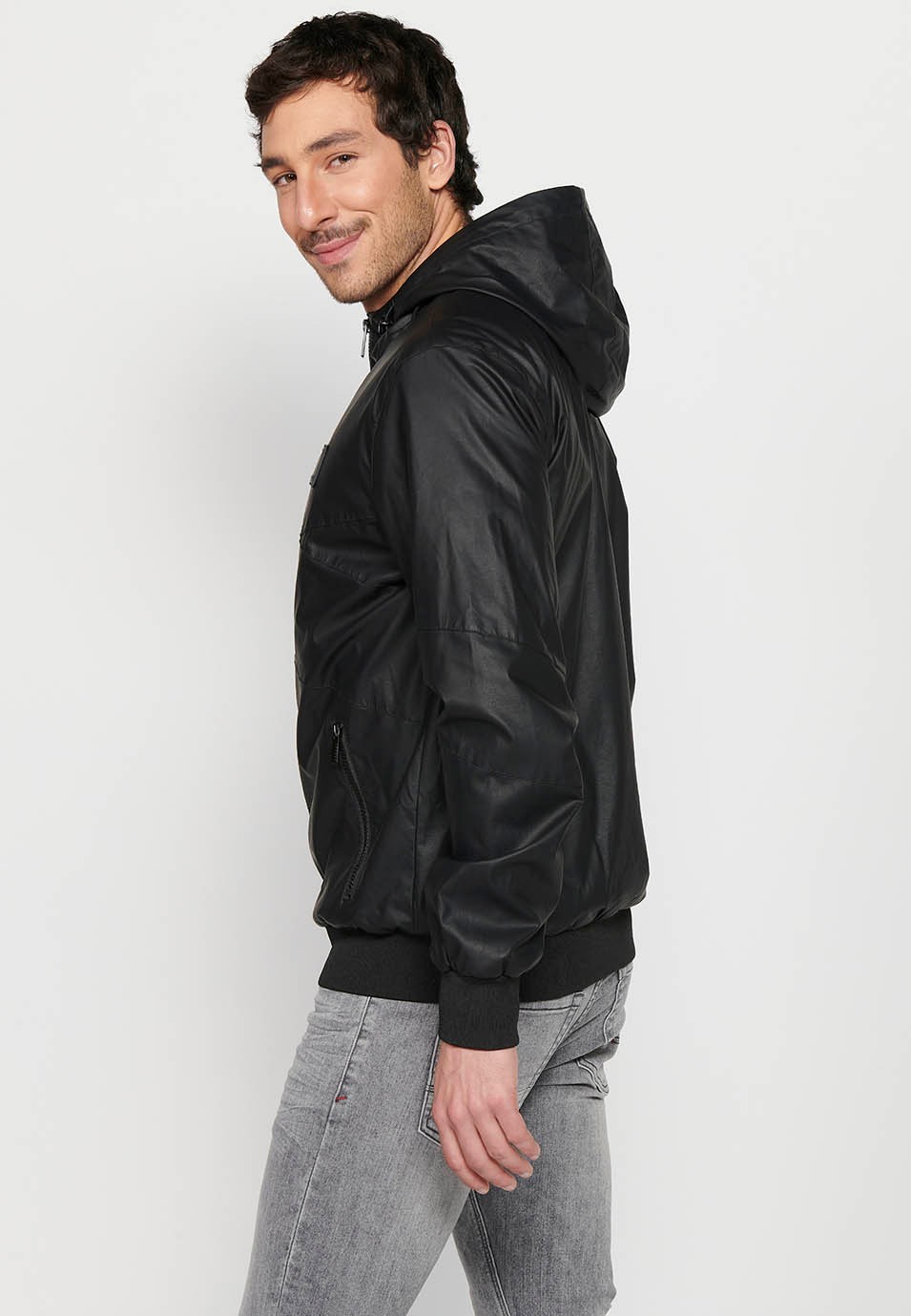 Leather-effect jacket with front zipper closure and hooded collar in black for Men 5