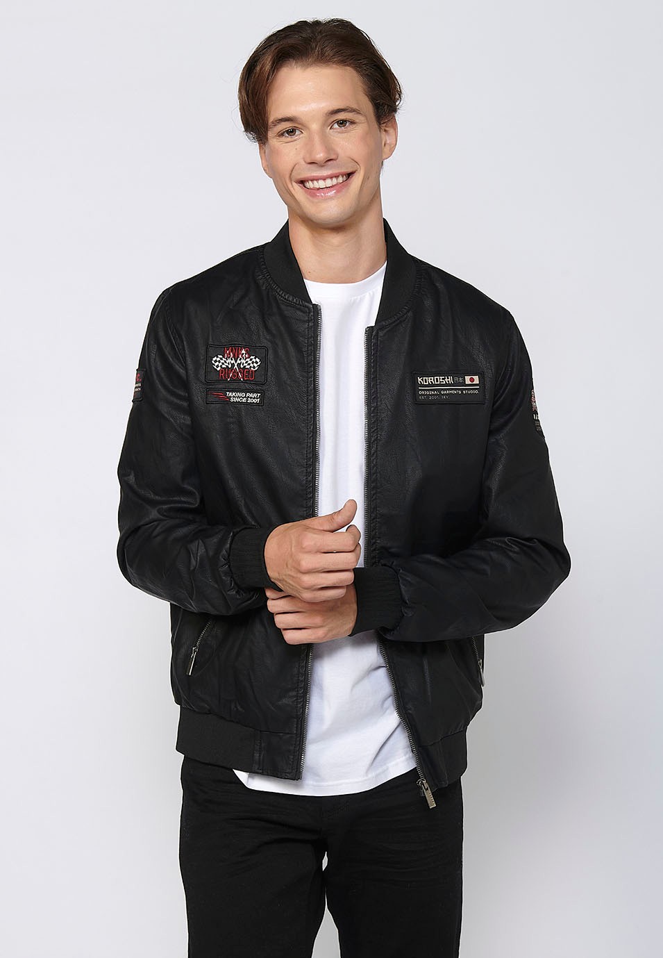 Long-sleeved leather-effect jacket with round neck and rib for men in Black