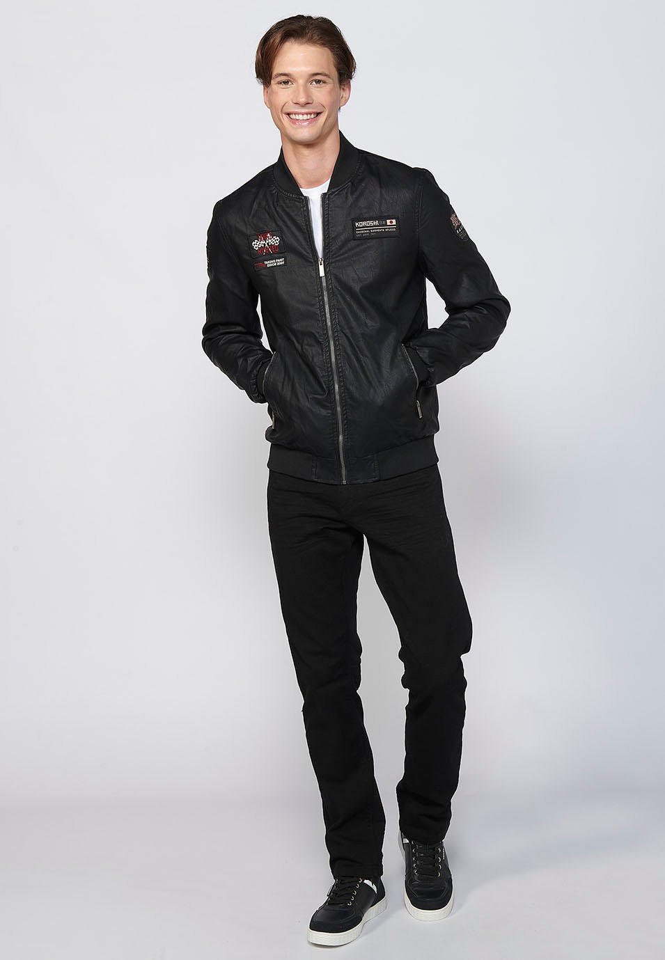 Long-sleeved leather-effect jacket with round neck and rib for men in Black
