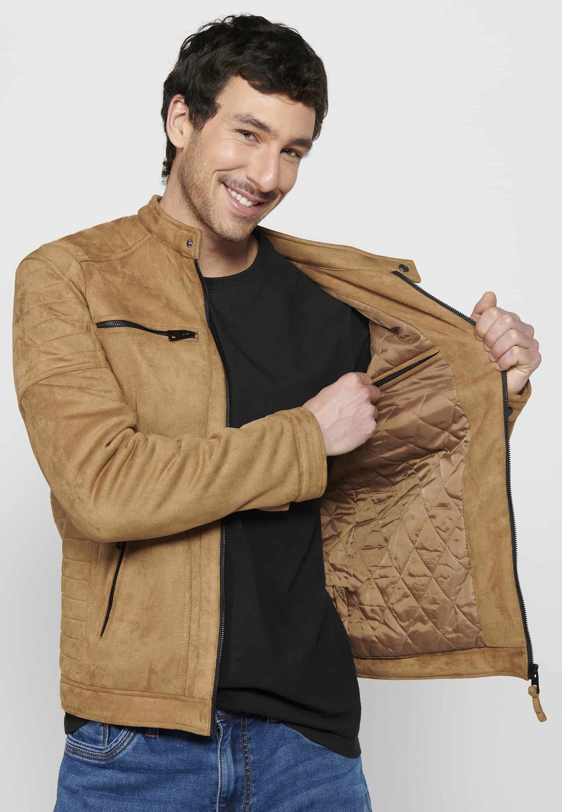 Men's Long Sleeve Jacket with Round Neck and Zipper Front Closure with Four Pockets in Tan Color 10