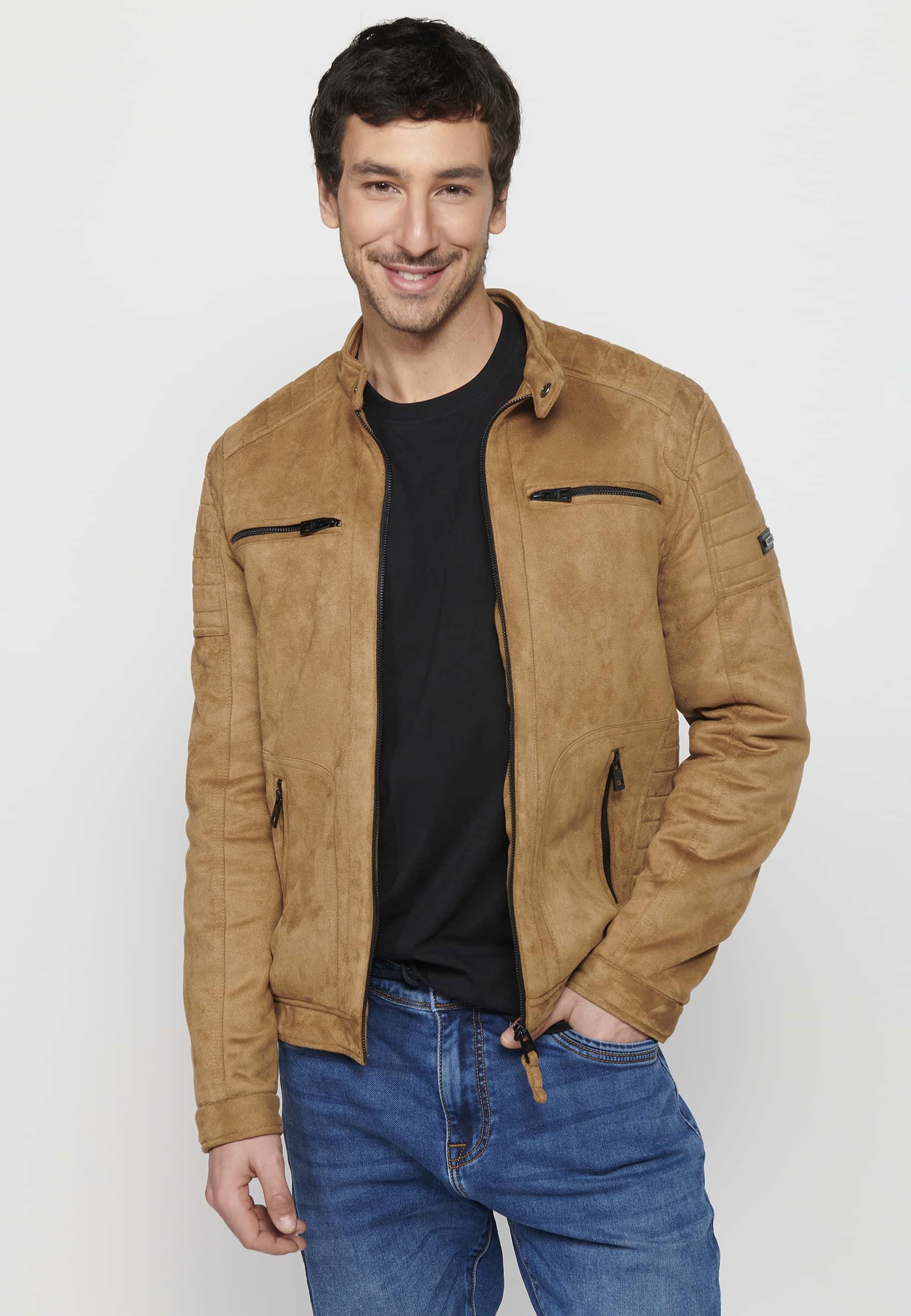 Men's Long Sleeve Jacket with Round Neck and Zipper Front Closure with Four Pockets in Tan Color 9