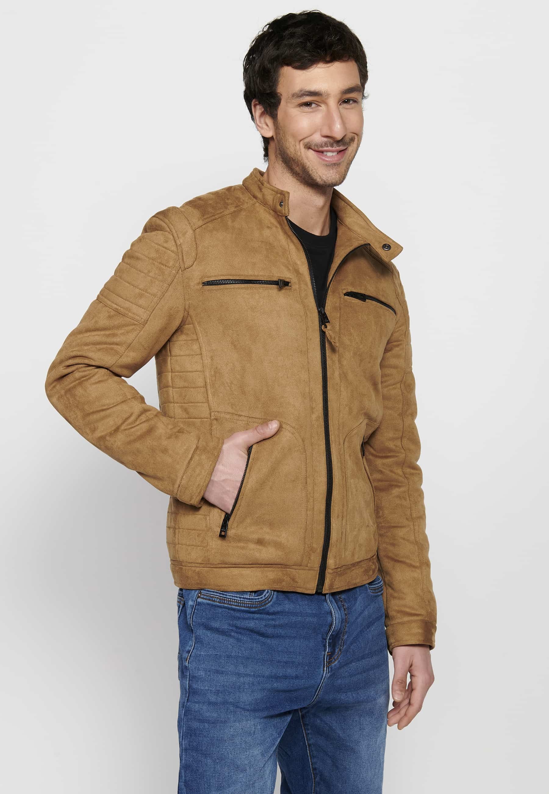 Men's Long Sleeve Jacket with Round Neck and Zipper Front Closure with Four Pockets in Tan Color
