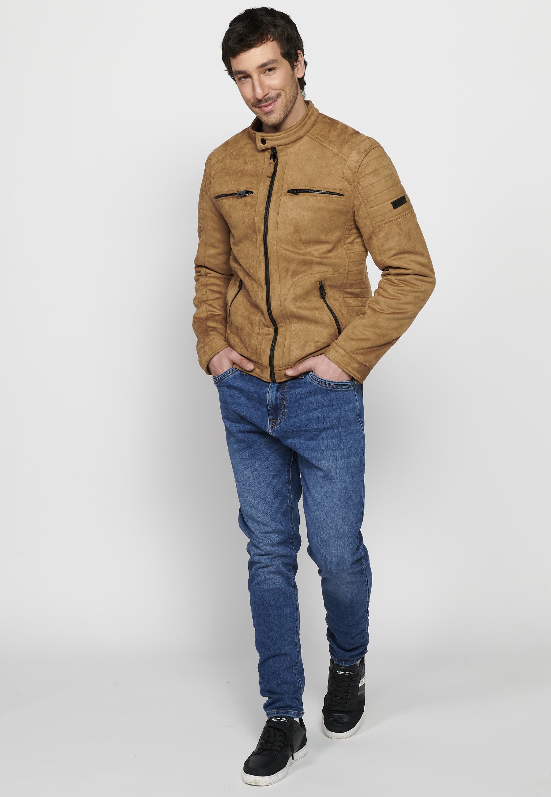 Men's Long Sleeve Jacket with Round Neck and Zipper Front Closure with Four Pockets in Tan Color 2