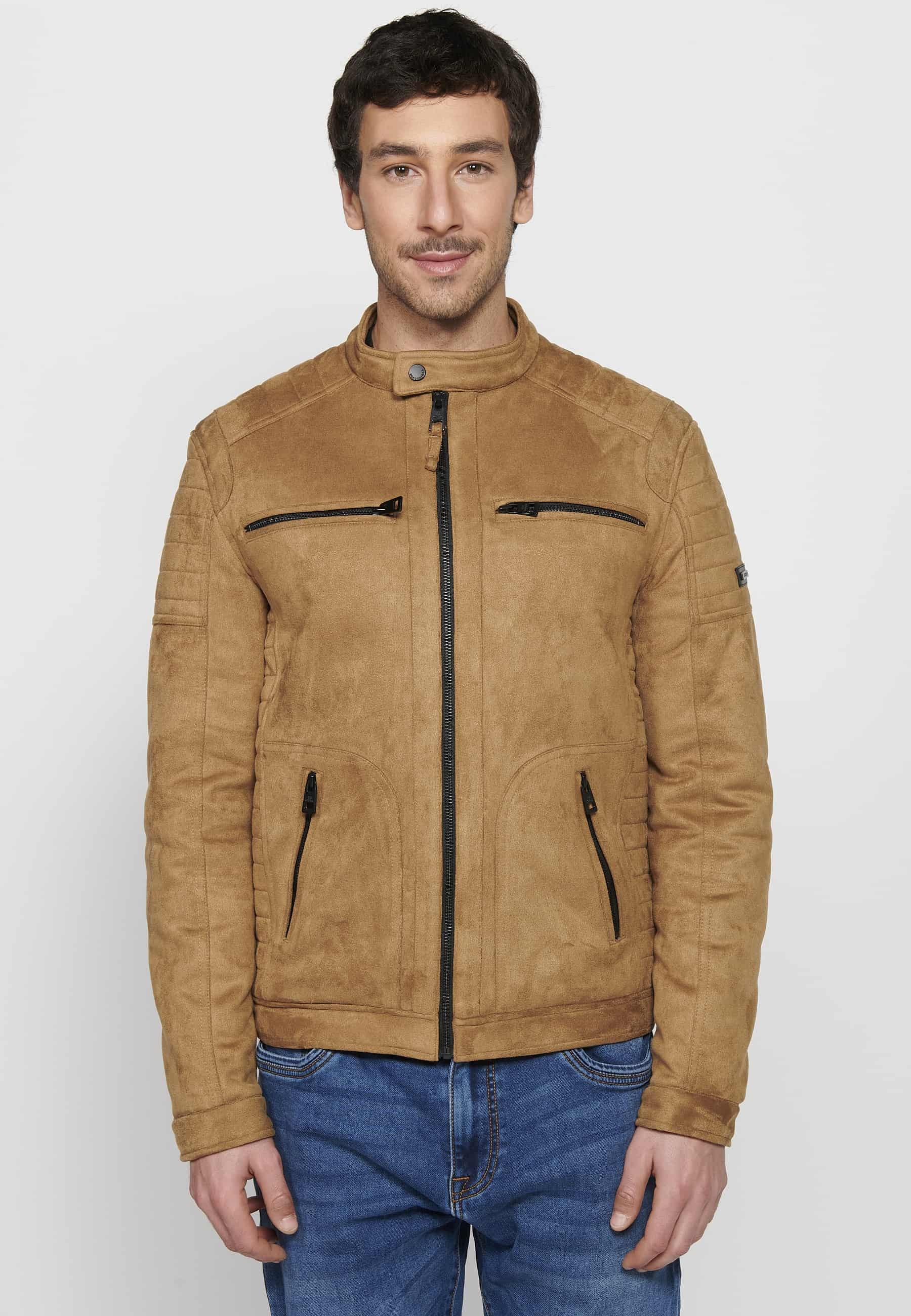 Men's Long Sleeve Jacket with Round Neck and Zipper Front Closure with Four Pockets in Tan Color 3