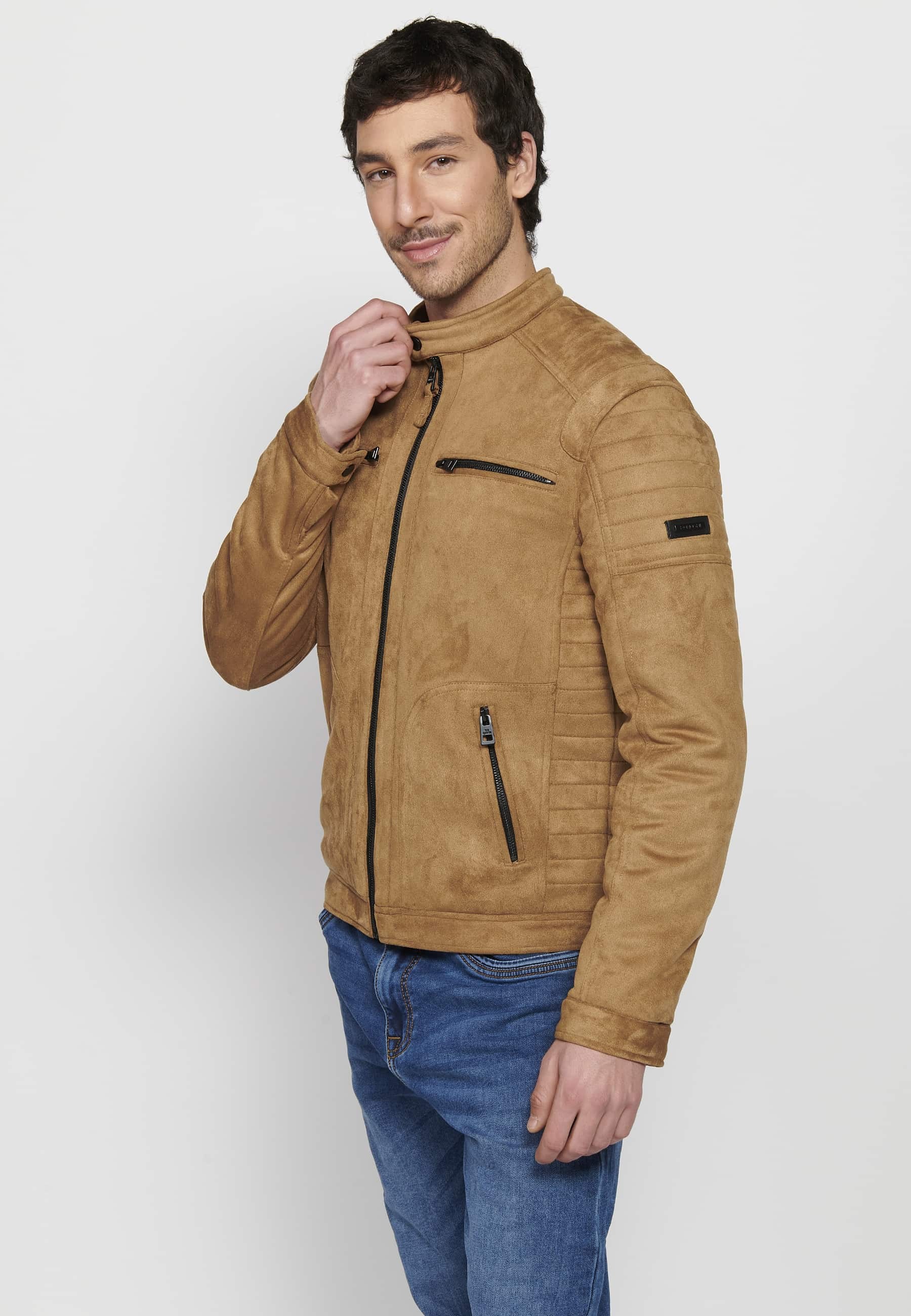 Men's Long Sleeve Jacket with Round Neck and Zipper Front Closure with Four Pockets in Tan Color 1