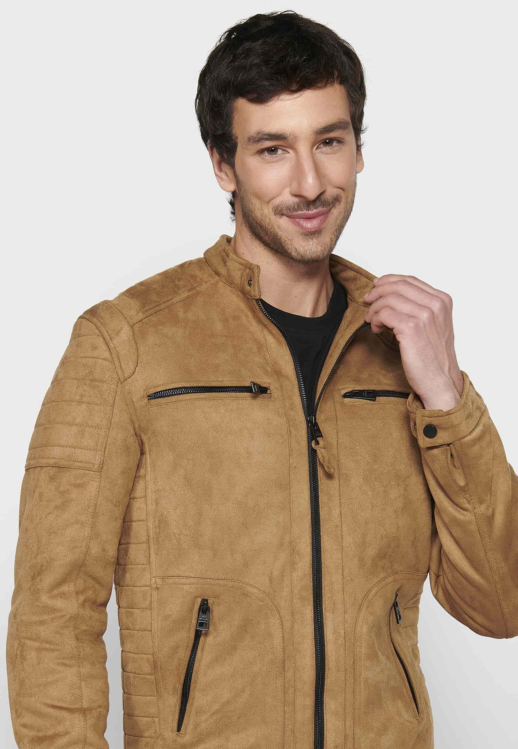 Men's Long Sleeve Jacket with Round Neck and Zipper Front Closure with Four Pockets in Tan Color 4