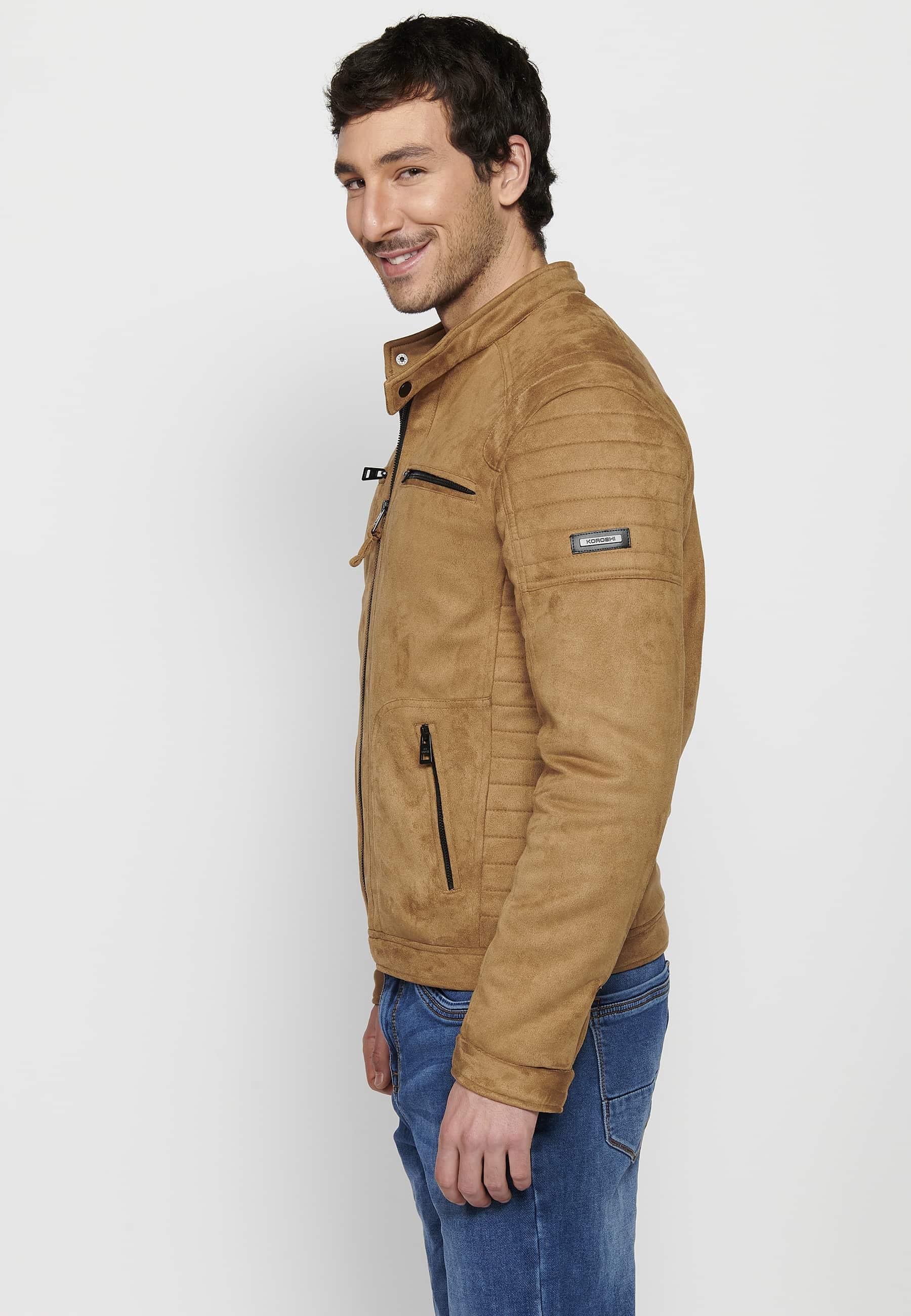 Men's Long Sleeve Jacket with Round Neck and Zipper Front Closure with Four Pockets in Tan Color 5