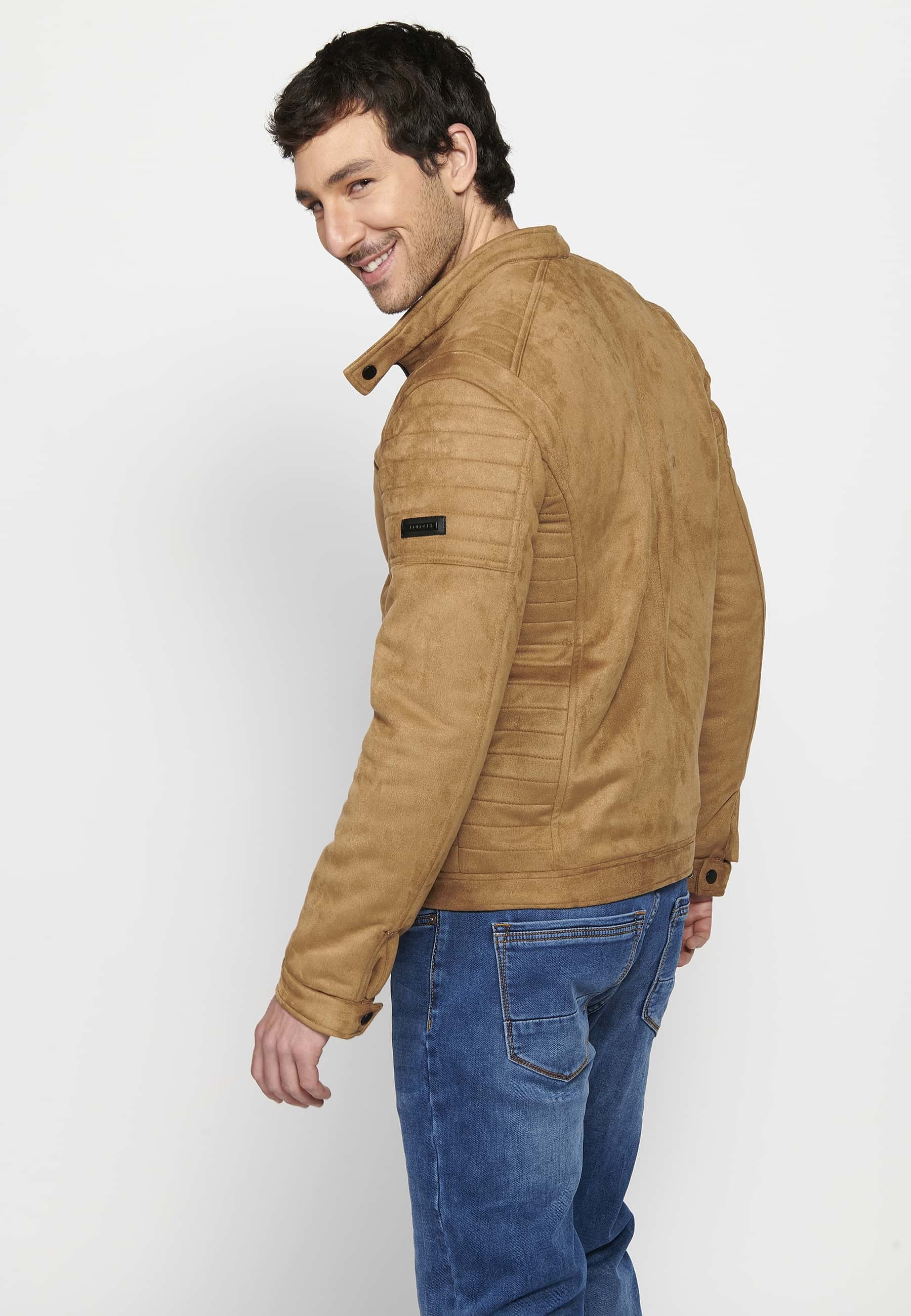 Men's Long Sleeve Jacket with Round Neck and Zipper Front Closure with Four Pockets in Tan Color 8