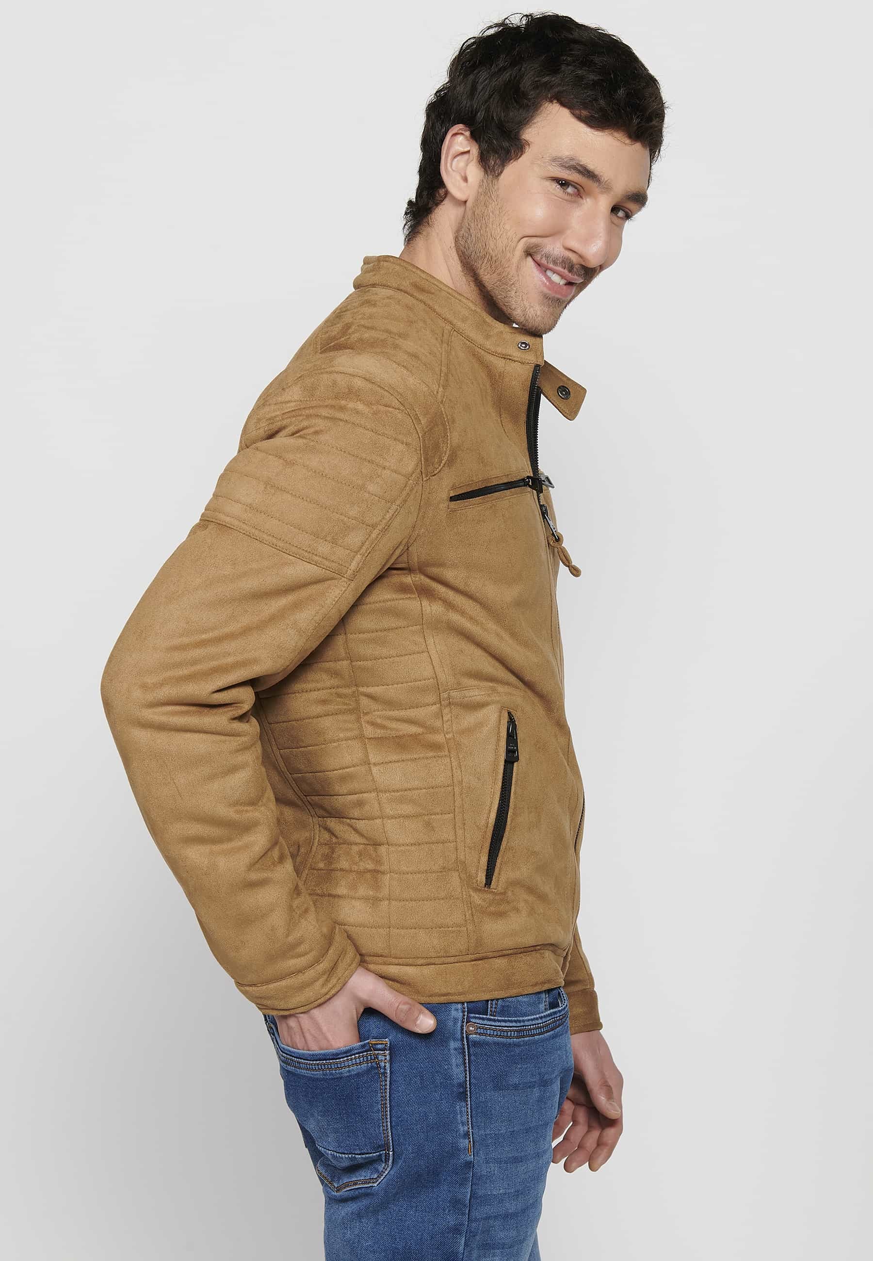 Men's Long Sleeve Jacket with Round Neck and Zipper Front Closure with Four Pockets in Tan Color 7