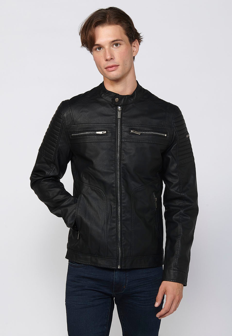 Black Long Sleeve Leather Effect Jacket with Front Zipper Closure and Round Neck for Men
