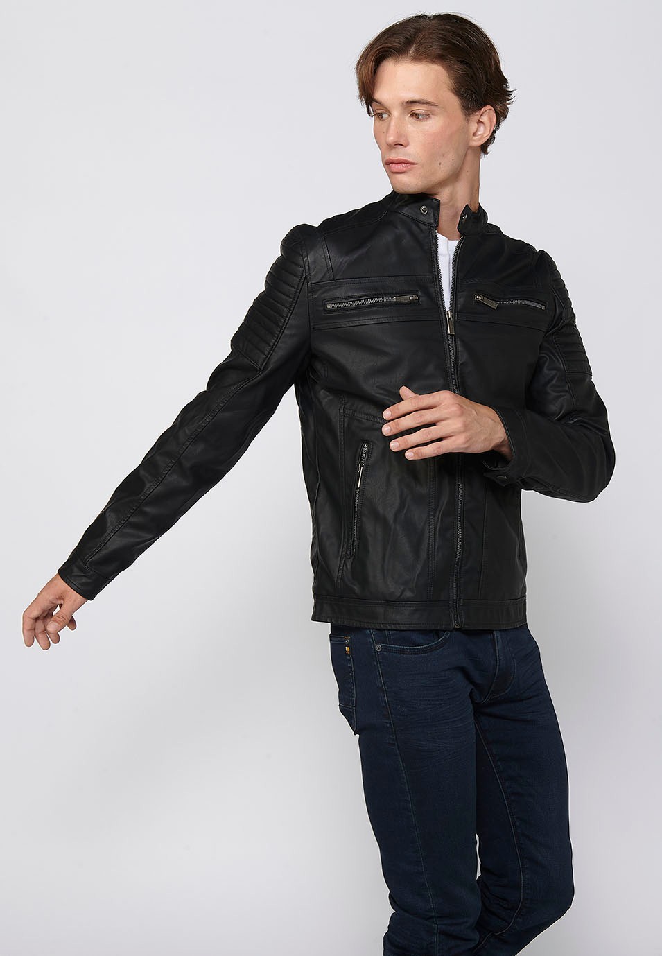Black Long Sleeve Leather Effect Jacket with Front Zipper Closure and Round Neck for Men