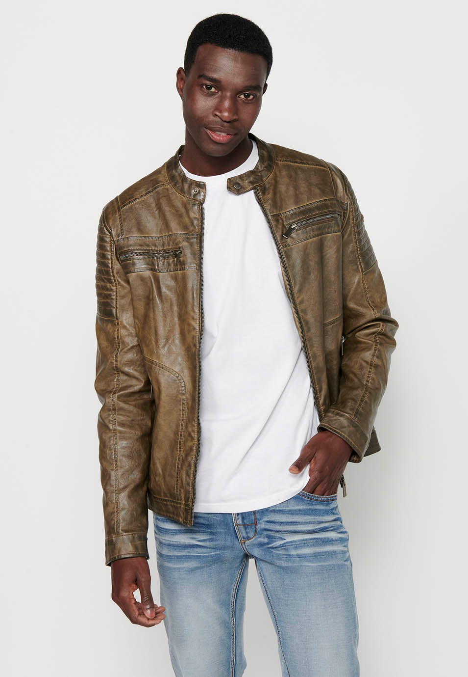Brown Long Sleeve Leather Effect Jacket with Front Zipper Closure and Round Neck for Men