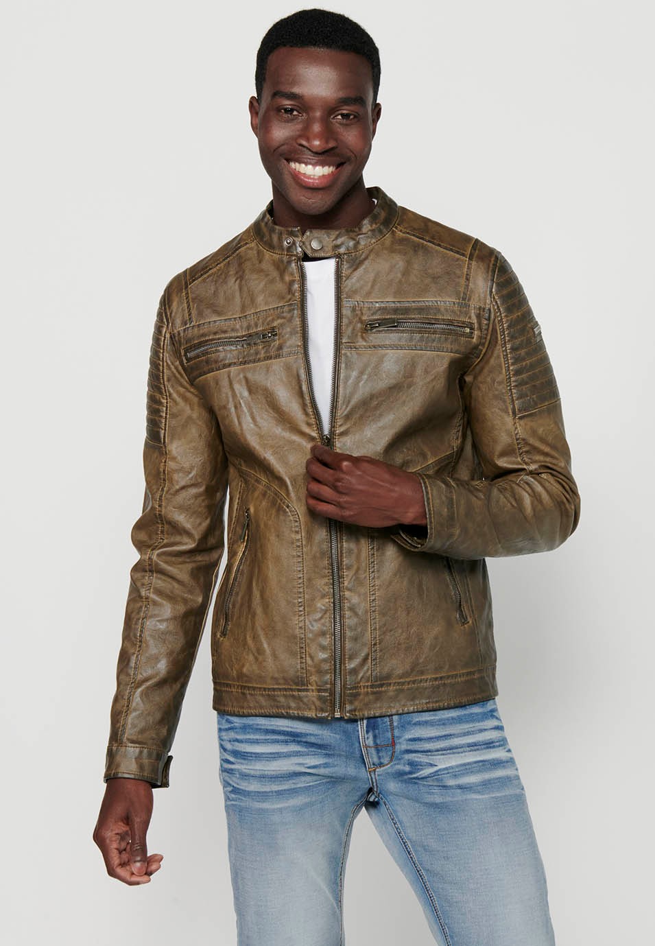 Brown Long Sleeve Leather Effect Jacket with Front Zipper Closure and Round Neck for Men 2