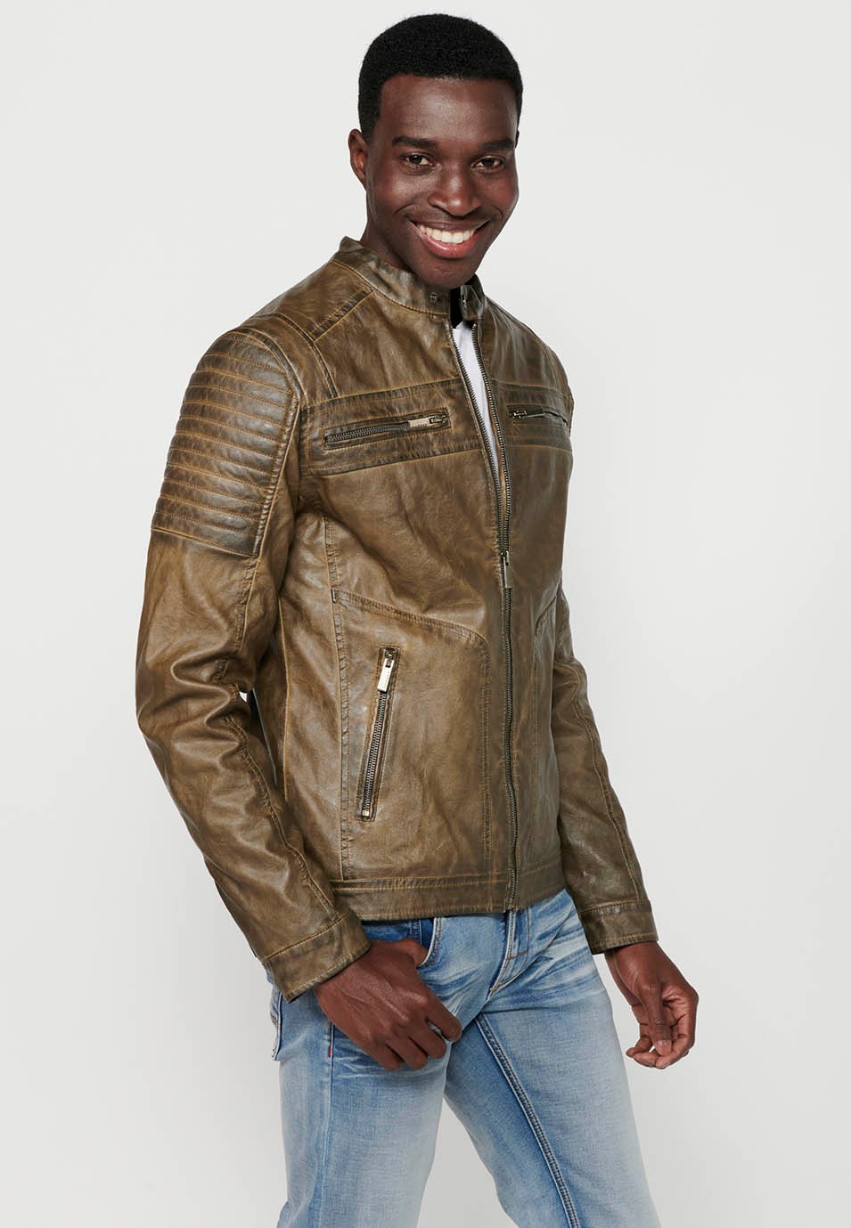 Brown Long Sleeve Leather Effect Jacket with Front Zipper Closure and Round Neck for Men 6