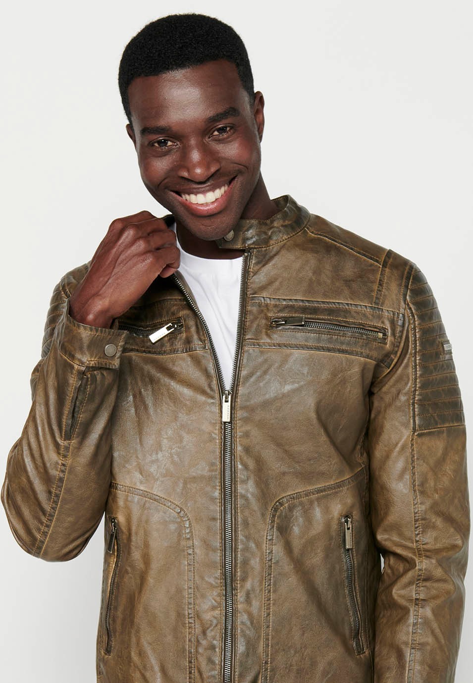 Brown Long Sleeve Leather Effect Jacket with Front Zipper Closure and Round Neck for Men 8