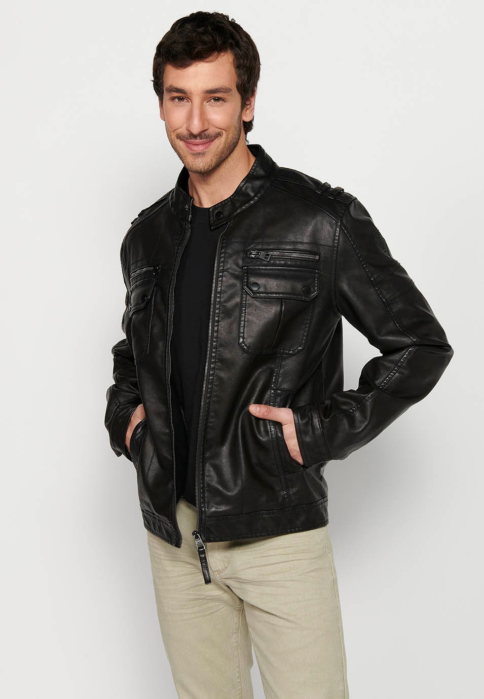 Dark Brown Leather Effect Jacket with Front Zipper Closure and Round Neck for Men 7