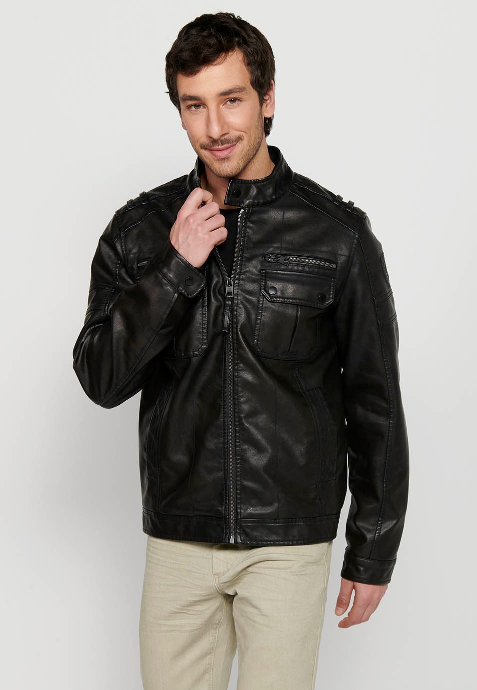 Dark Brown Leather Effect Jacket with Front Zipper Closure and Round Neck for Men
