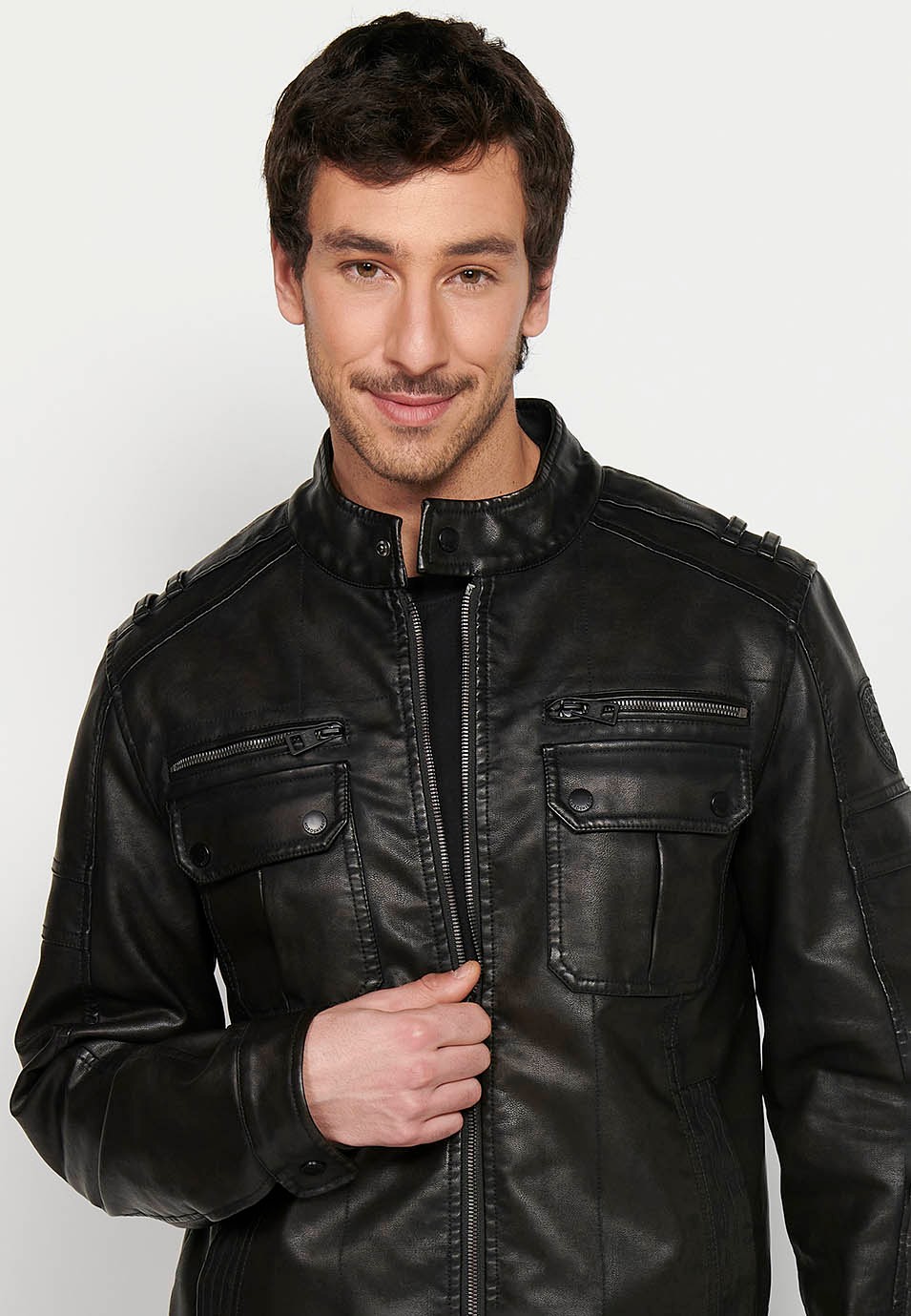Dark Brown Leather Effect Jacket with Front Zipper Closure and Round Neck for Men 1