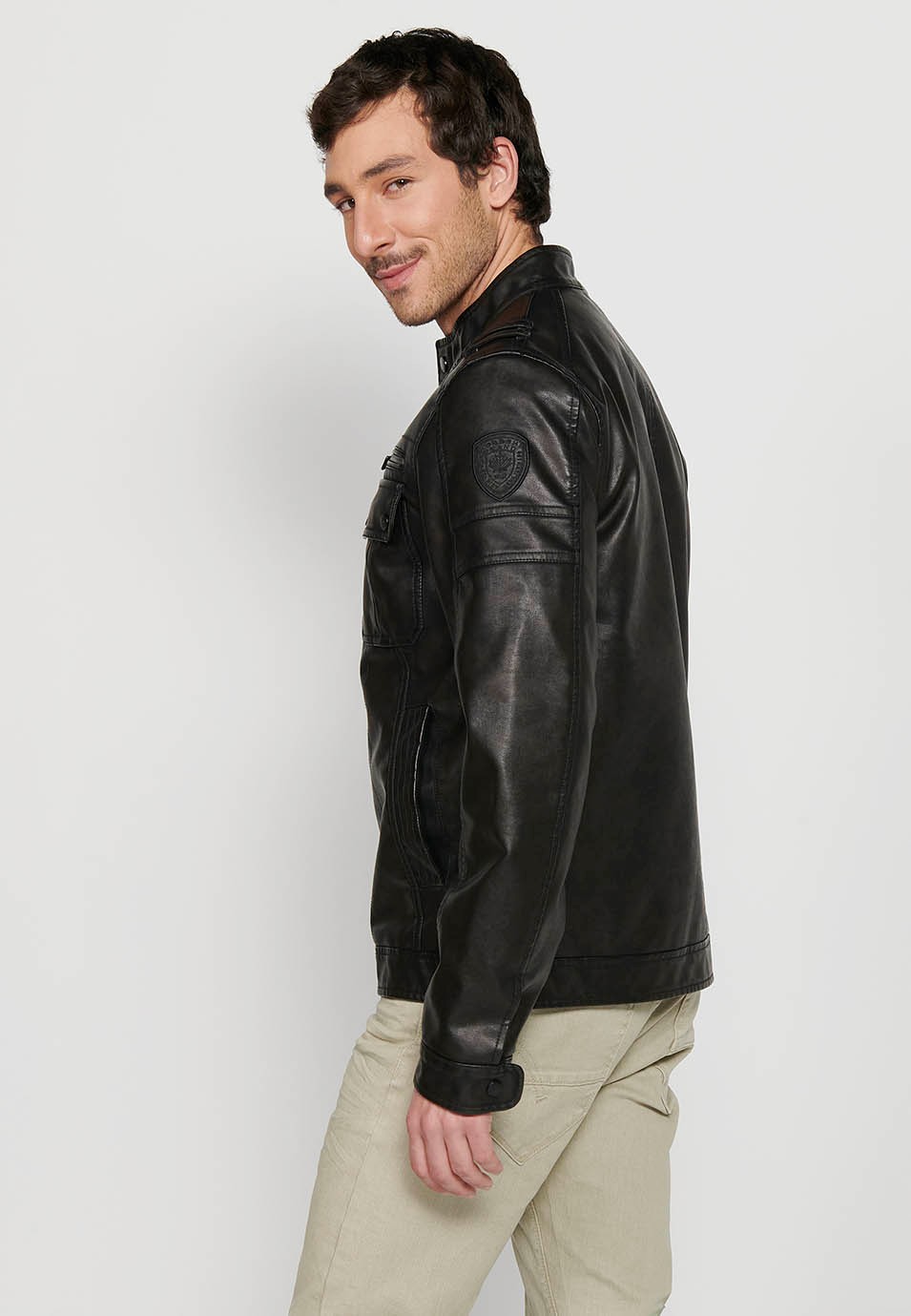 Dark Brown Leather Effect Jacket with Front Zipper Closure and Round Neck for Men 2