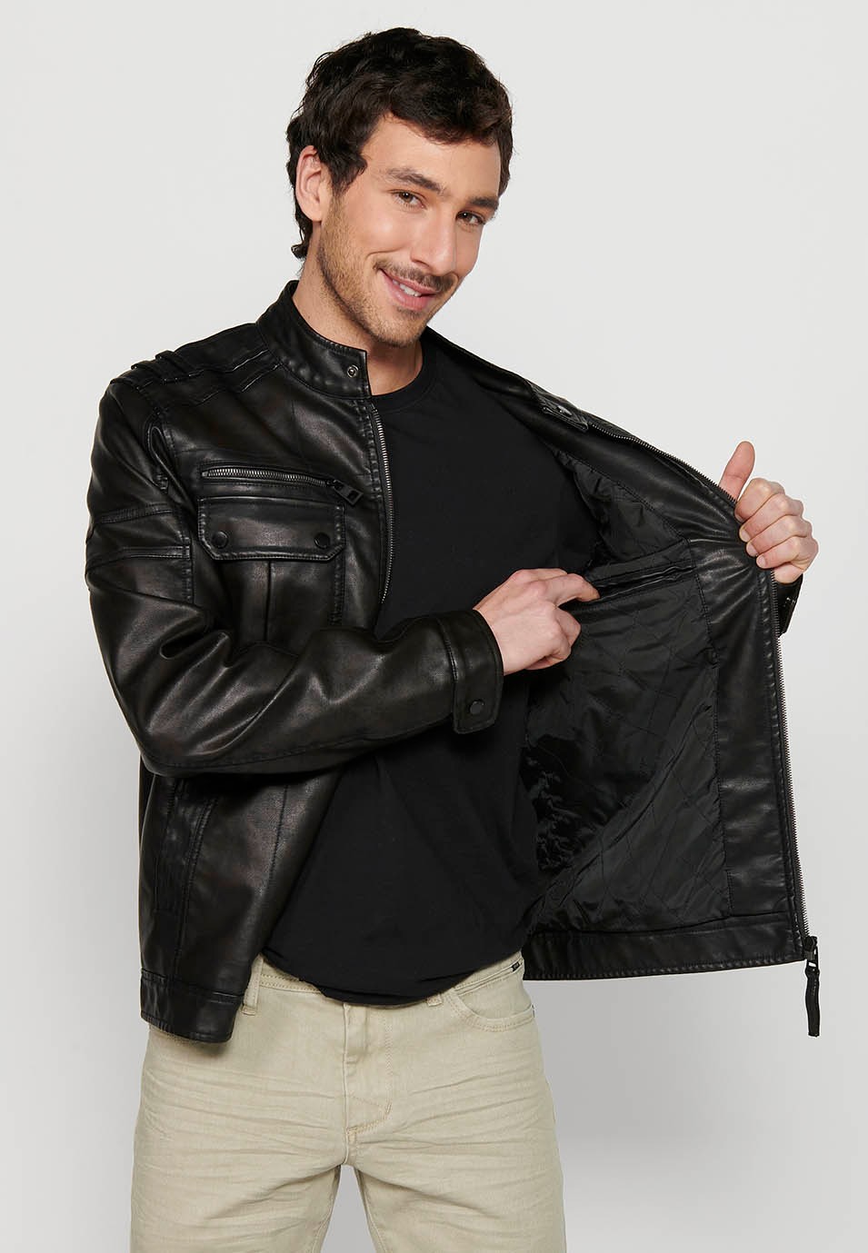 Dark Brown Leather Effect Jacket with Front Zipper Closure and Round Neck for Men 8