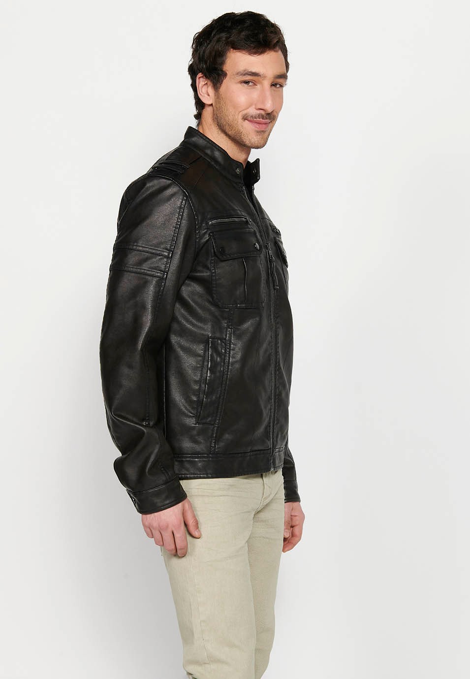 Dark Brown Leather Effect Jacket with Front Zipper Closure and Round Neck for Men 6
