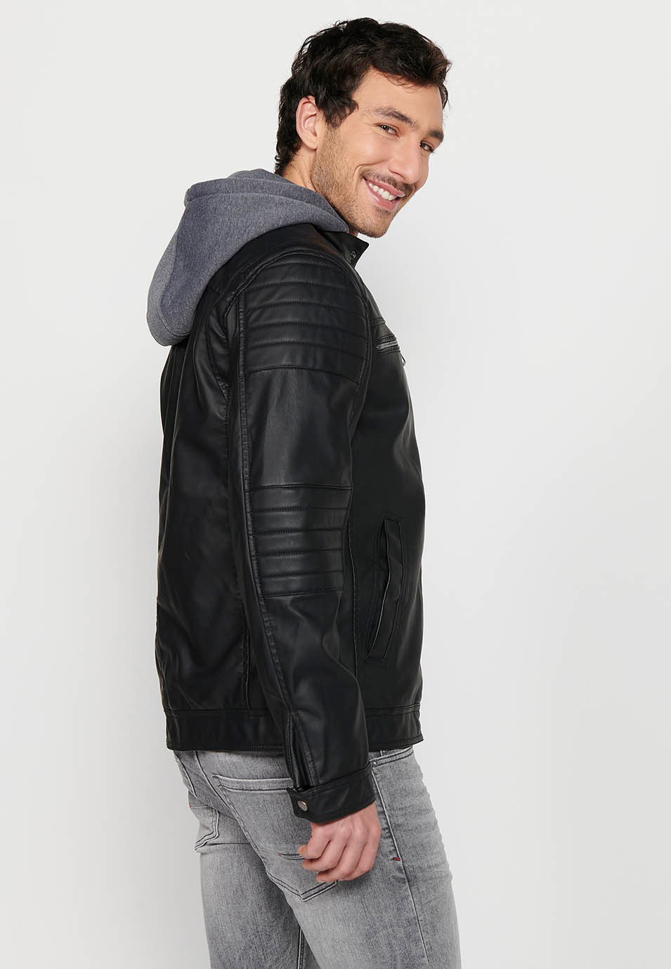 Veste coupe-vent à manches longues avec fermeture zippée sur le devant et col à capuche amovible réglable avec cordon de serrage en Noir pour homme 9